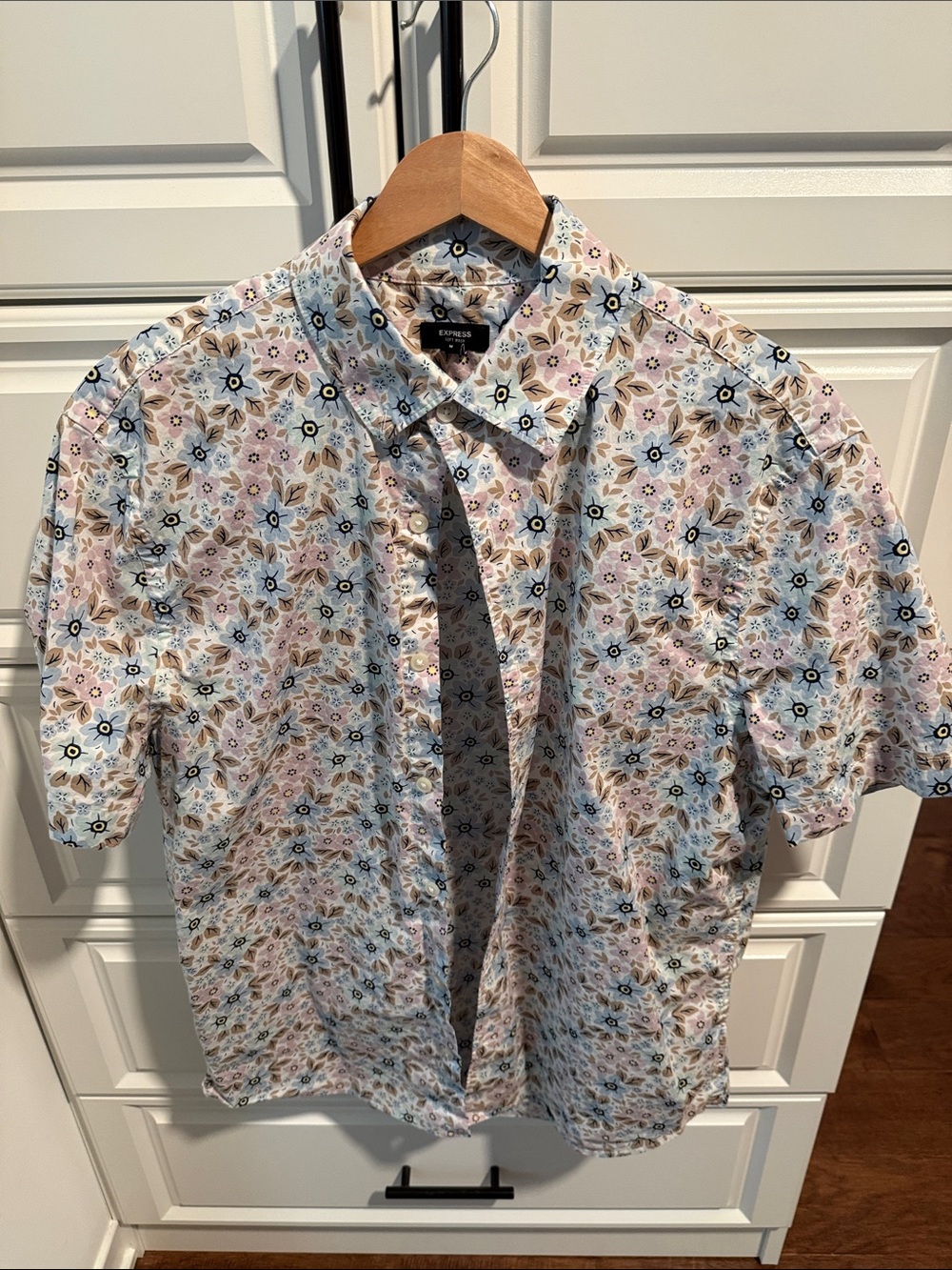 Express Men’s Short Sleeve Floral Button-Down Shirt - Light Blue, Pink, Tan